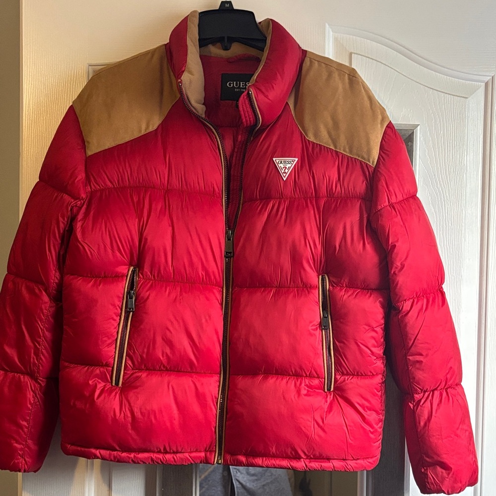 GUESS Men's Bold Red and Tan Puffer Jacket